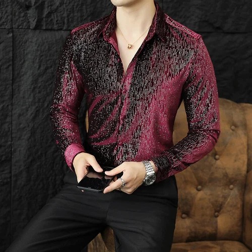 Men's Shiny Velvet Shirts Slim Fit Long Sleeve Fashion Social Shirt Clothing - Picture 2 of 17