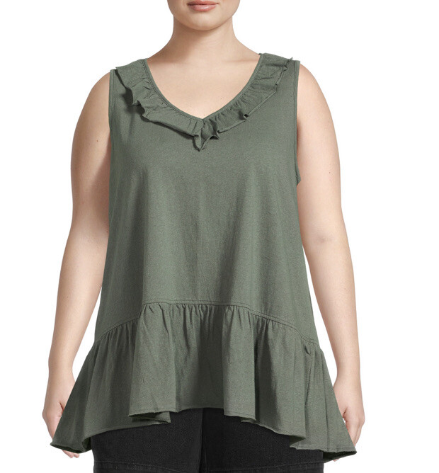 Terra & Sky Women’s Plus Size Olive Green Ruffled V-Neck Tiered Tank Top 2X NWT