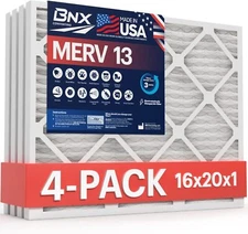 BNX 16X20x1 MERV 13 Furnace Air Filter, 4 Pack MADE IN USA HVAC AC Furnace