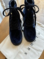 Sandro New Quilted midnight Blue Velvet And Leather Lining Lace Up  Boots