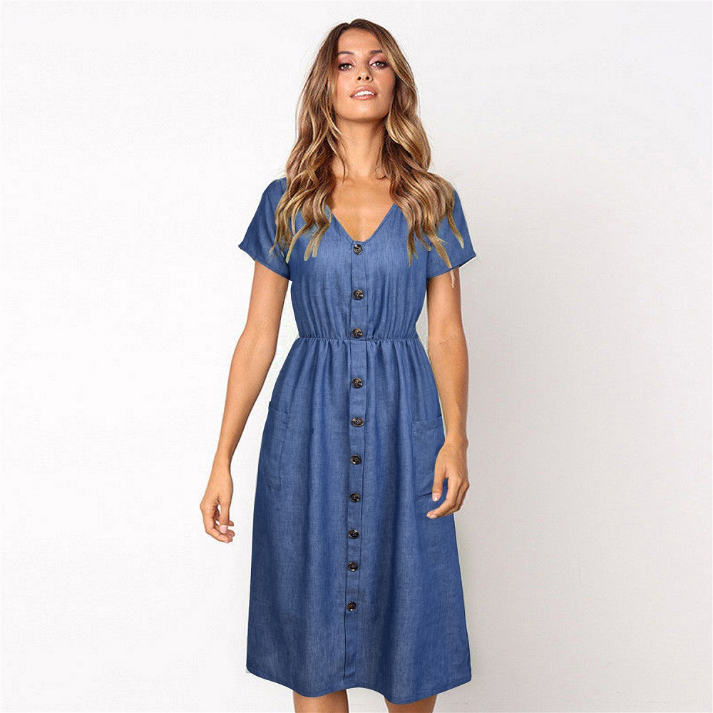 Womens Summer Denim Short Sleeve Midi 