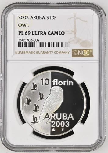 2003 Aruba 10 Florin Silver Proof NGC PF69 Ultra Cameo Owl 1000 Mintage