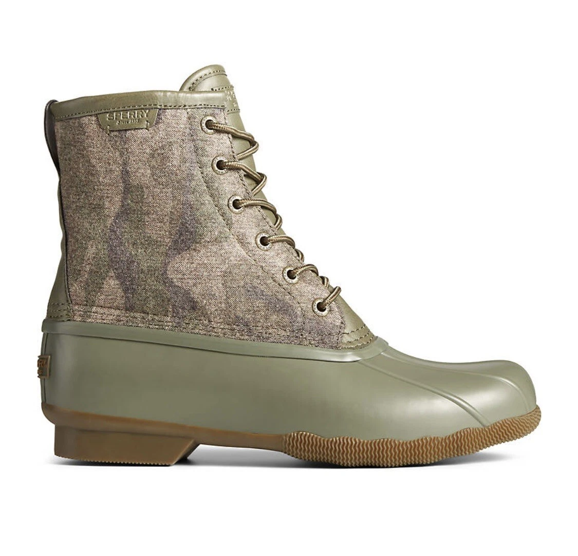 Sperry Original Waterproof Saltwater Camo Duck Boots, Olive Green, Men’s Size 11
