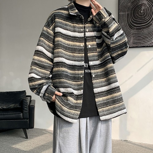 Giacca giubbino uomo a righe giapponese vintage moda tessuto sciolto taglie forti nuovo - Foto 6 di 9