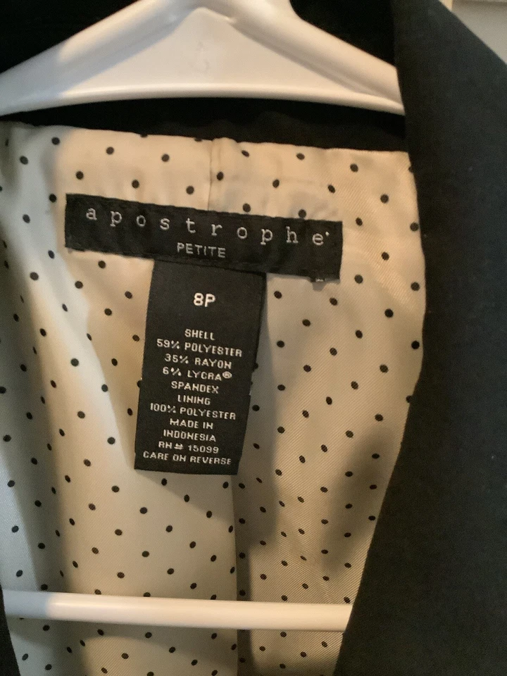 Blazer Apostrophe para mujer 8P negro blanco borde solapa pico mezcla de poli rayón nuevo sin etiquetas Foto 2 de 4