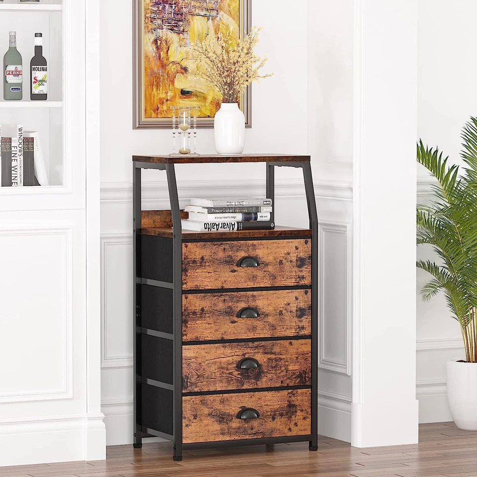 Cômoda com 4 gavetas - Torre de armazenamento vertical - Estrutura de aço resistente - Tampo de madeira - Imagem 4 de 4