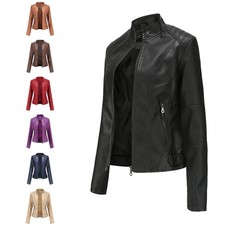 Women Biker Jacket Slim Ladies Faux Leather Zip Stand-up Collar Outerwear UKSize