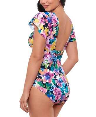Swim Solutions Womens Garden Dreams Flutter-Sleeve One Piece Navy Size 16