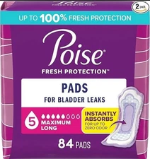 Poise Incontinence Pad,Maximum Absorbency,Regular & Long,5 Drop,84 Ct NEW SEALED