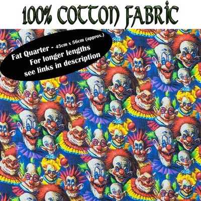 Fat Quarter Scary Killer Clown 100% Baumwolle Digital Stoff Halloween Basteln