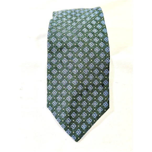 Brooks Brothers 346 Green Silk Tie with Blue Floral Medallions 60