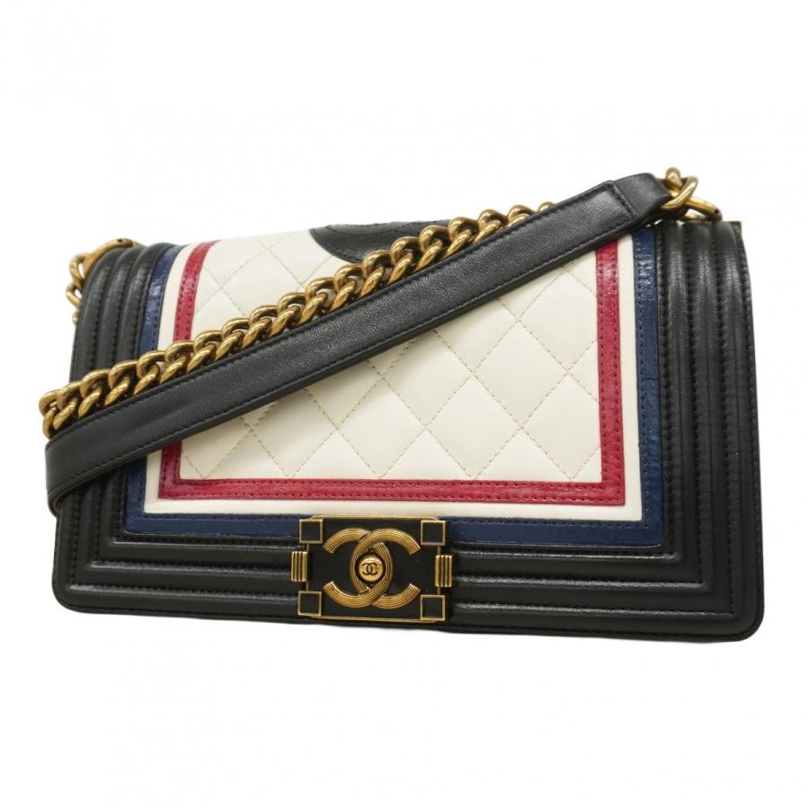 CHANEL Boy Lambskin Black White Chain Shoulder Bag