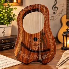 Lyre Harp 10 Metal Strings-Engraved Floral Design with Bag Tuning Key Handmade