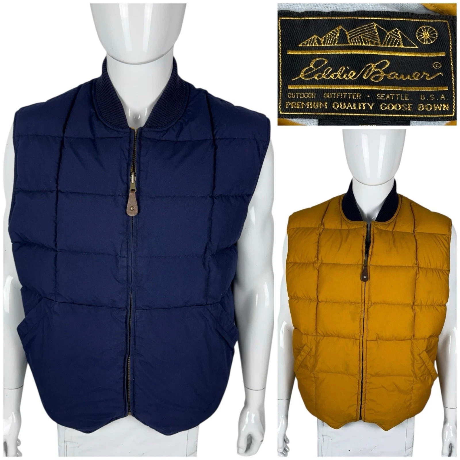 Eddie Bauer Mens Large Vest Goose Down Blue Yellow Reversible Vintage Outdoors