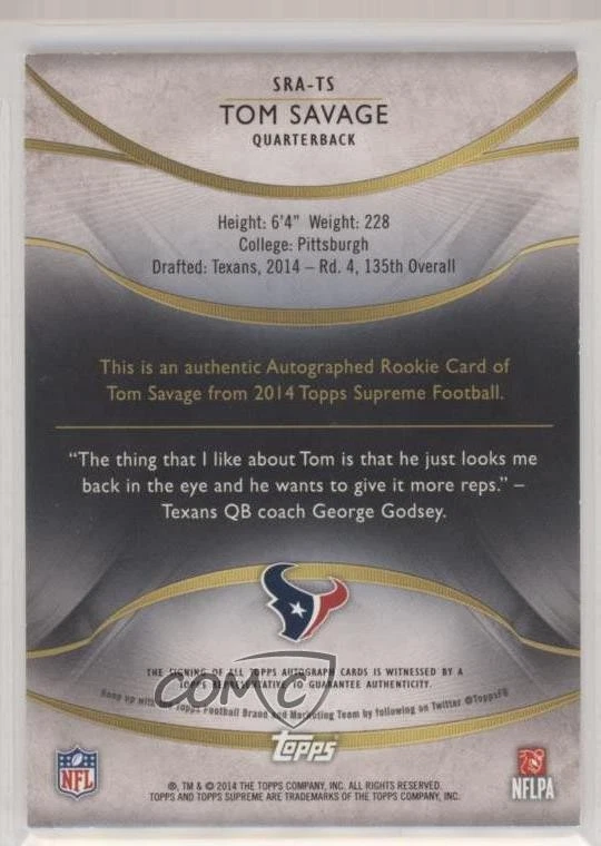 2014 Topps Supreme Auto Rookies /50 Tom Savage #SRA-TS Auto RC - Image 2 of 2