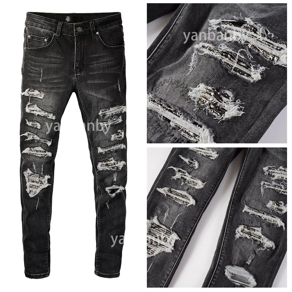 New Italy Pop Style Rips Pants Ribbed Patchwork Men s Skinny Black