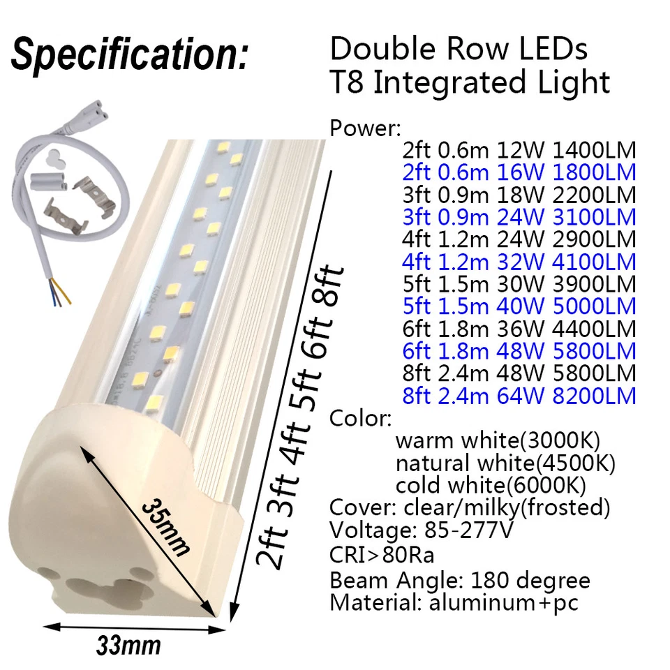 Twin Row LED Tube Lights T8 Integrated Bulb 2ft 3ft 4ft 5ft 6ft 8ft Lamp Fixture - Image 2 of 4