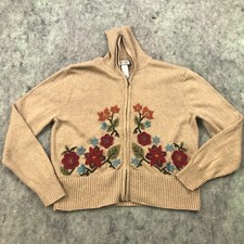 Tiara International Womens Sweater Large Beige Floral 3D Embroidered Cardigan