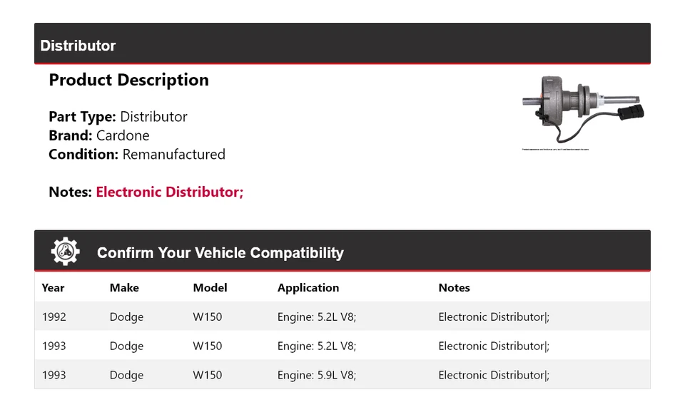 Dodge W150 1992-1993 distribuidor cardone Foto 2 de 4