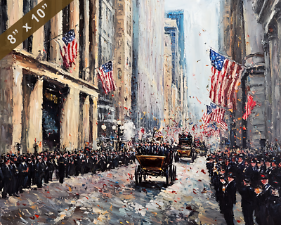 Historic ticker tape parade celebrating stock gains oil painting