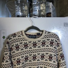 Chaps Mens Knit Sweater M Beige Gray Red Cotton Fair Isle Winter Snowflakes