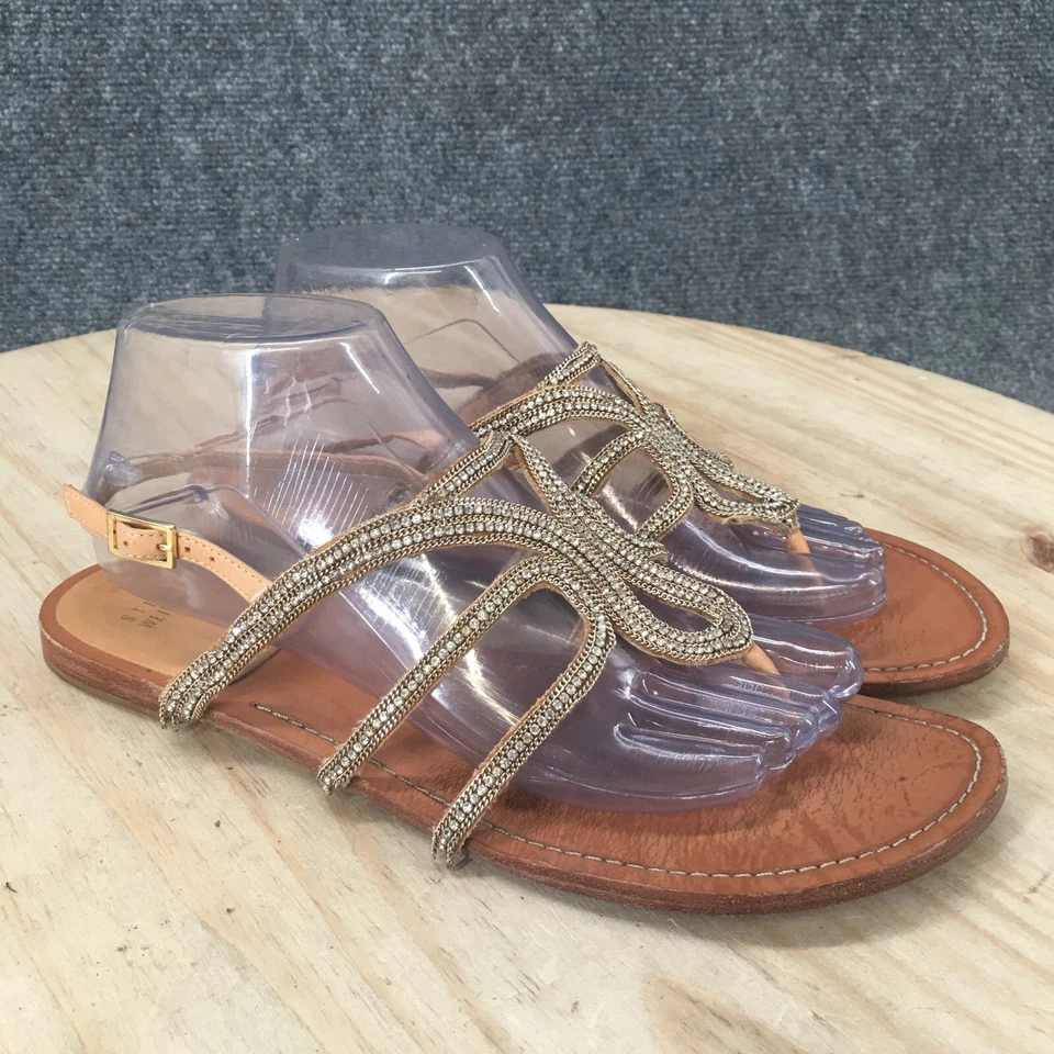 Stuart Weitzman Sandal Womens 9M Brown Rhinestone Embellished Slingback Flats - Image 3 of 4