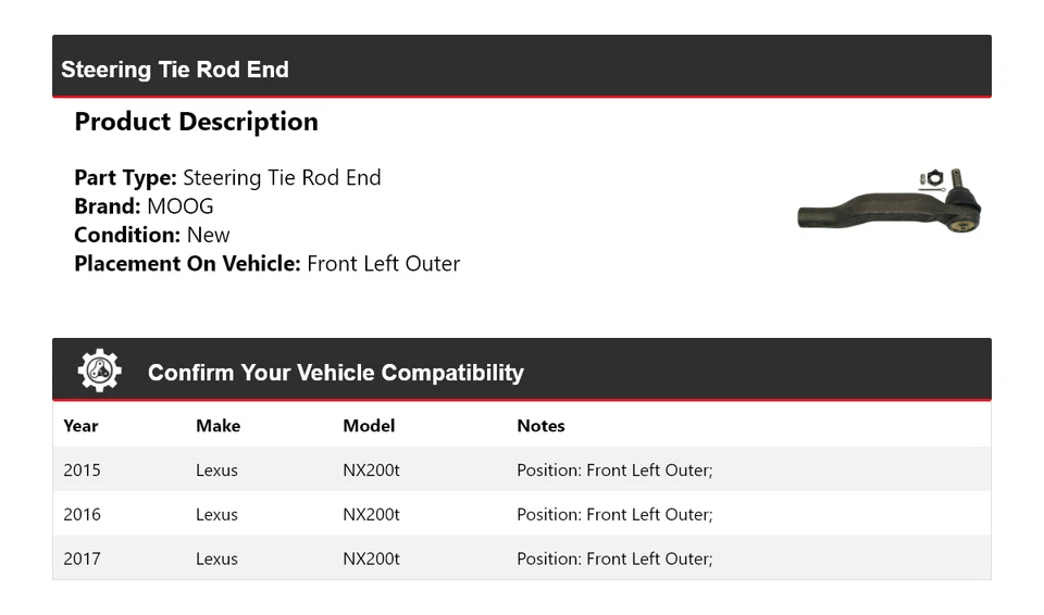 Extremo de barra de dirección exterior delantero izquierdo MOOG 2015 2016 para Lexus NX200t 2015-2017 Foto 2 de 4