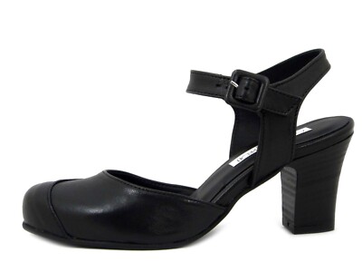Damenschuhe Leder schwarz mit Riemchen mittlerer Absatz 7 cm Made in Italy