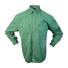 Vtg 90s Levis Authentic Green Denim Worker Shirt Mens M Two Horse Red Tab Flaws