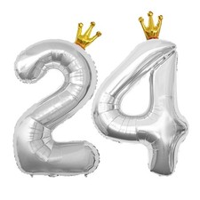 40 Inch Silver Crown Number 24 Balloons, 24th Large Foil Helium Balloons, Gol...