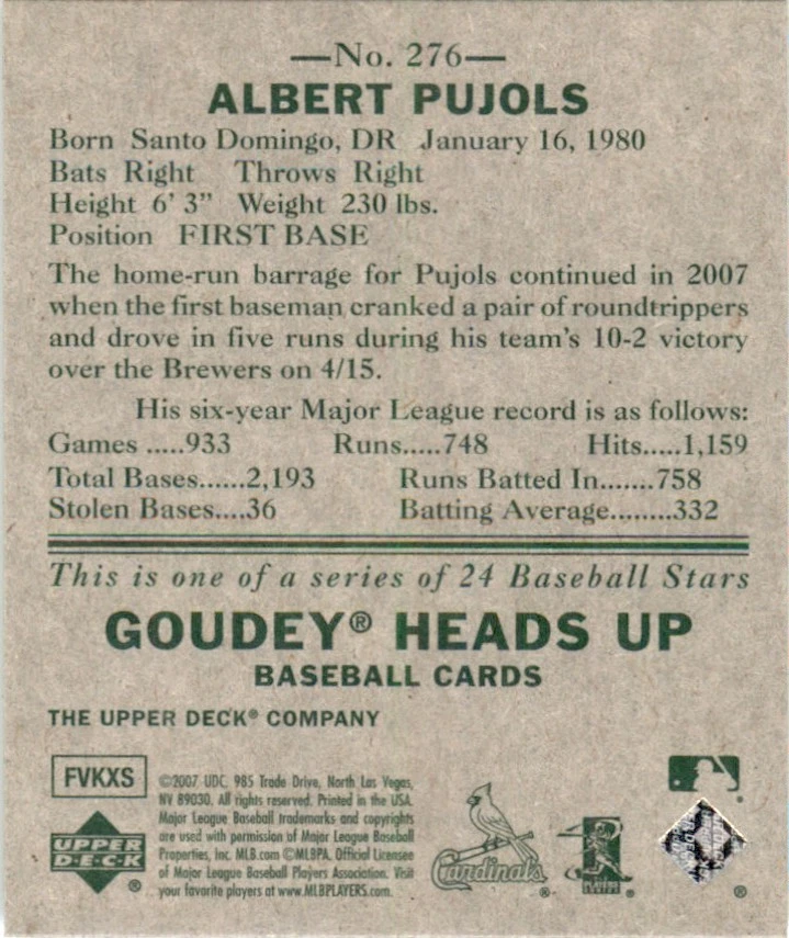 2007 Upper Deck Goudey #276 Albert Pujols St. Louis Cardinals - Image 2 of 2