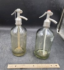 Lot of 2 Vintage Clear Glass Seltzer/Siphon Bottles w/ Metal Lever Tops