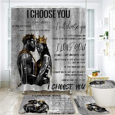 4pcs Romantic Couples Shower Curtain Set  African American King Queen Design
