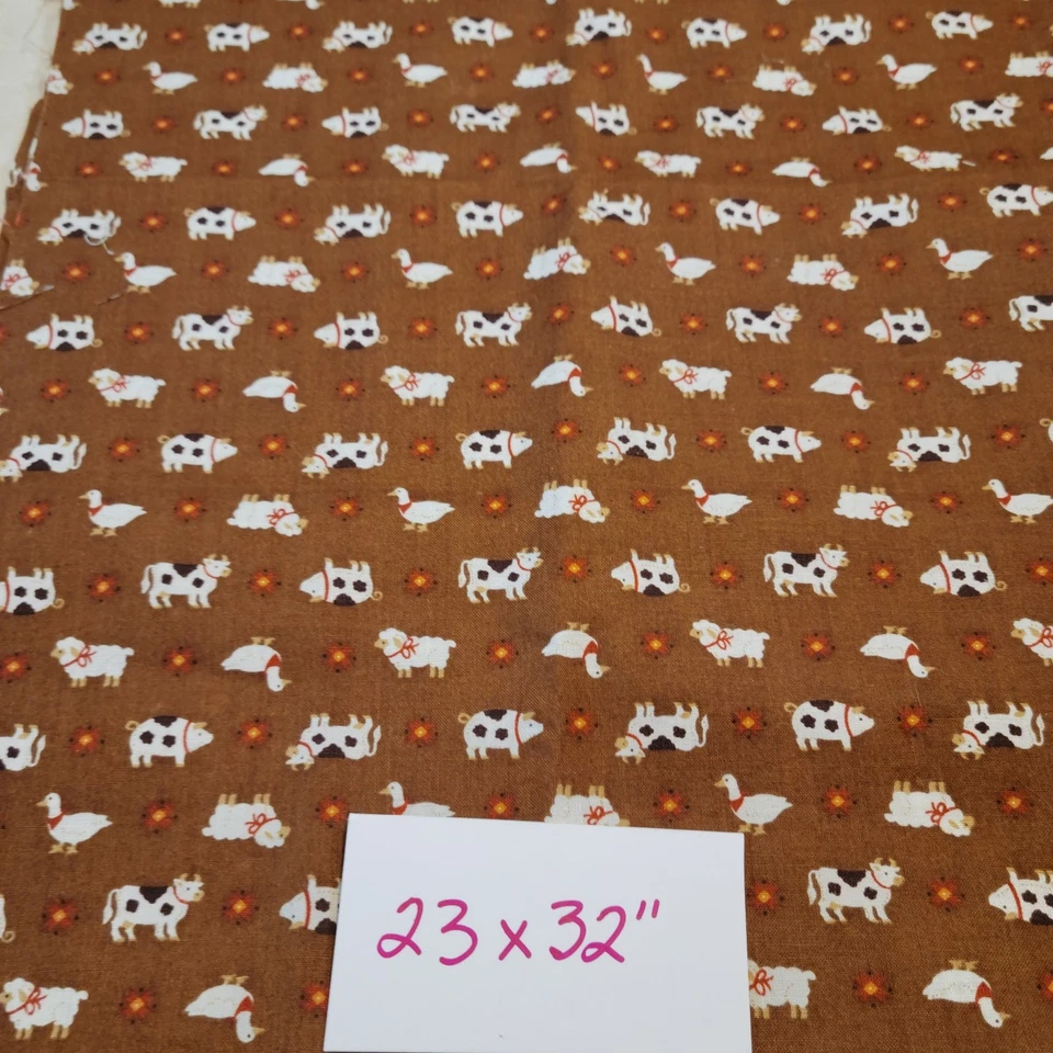 Cotton Fabric Lot 2 Pcs Farm Animal Cow Print & Geo 23x32–14x42" Brown Scraps - Image 2 of 4