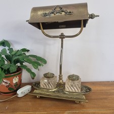 Brass Vintage Bankers Lamp Desk Ink Wells Gold Antique Style Working