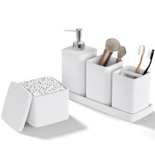 White Bathroom Accessories Set 5 Pieces, Resin Toothbrush Holders Set Complet...