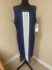 Nina Leonard Sleeveless Shift Dress Size XLarge Navy Blue Eyelet Retro 60s Look