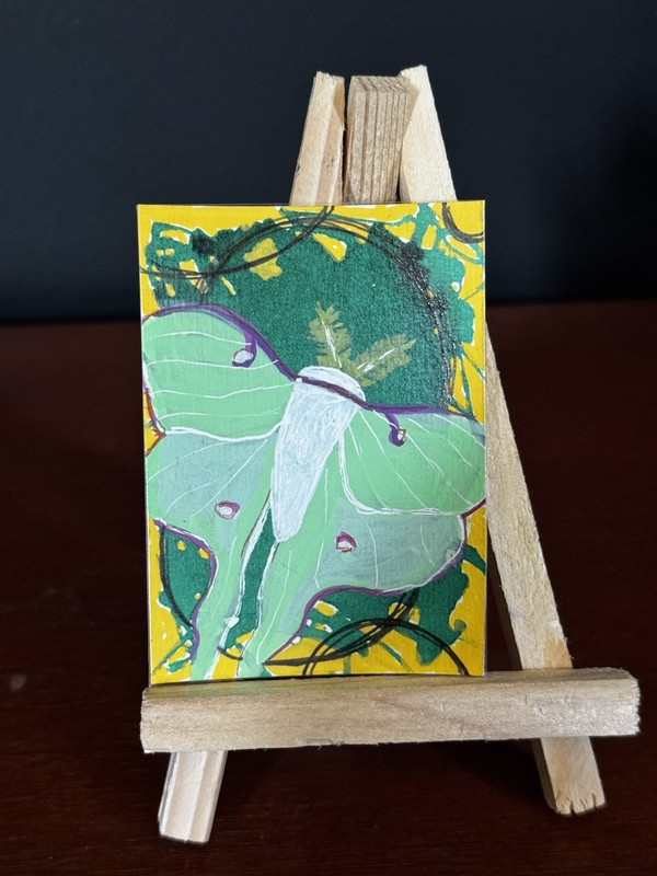 ACEO Original Painting Acrylic Luna Moth Abstract 