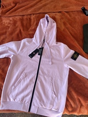 Stone Island White Cotton Fleece Full Zip Hoodie Logo Patch Hooded Pockets Men