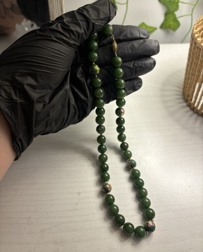 Green Beaded Necklace Round Ball/Bead Strand Chain with Clasp, Green Stone