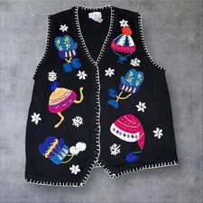 BP Design Sweater Vest Womens Large Black Winter Hats Mittens Embroidered
