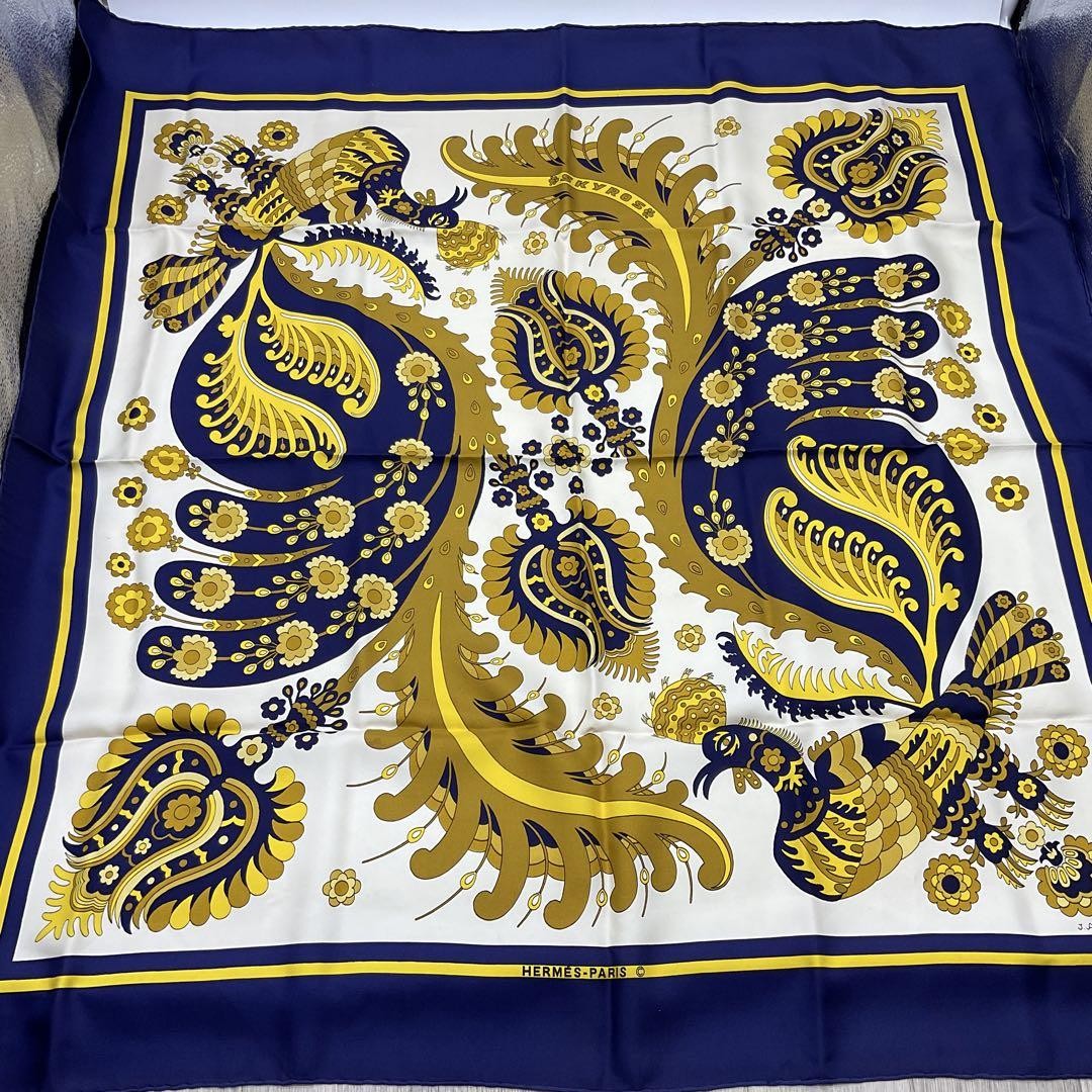 Hermes Silk Scarf 90 Paisley Peacock Design 131 Made in Japan