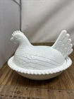 Vintage Indiana Glass Hen on a Nest 7" Beaded MILK GLASS WHITE