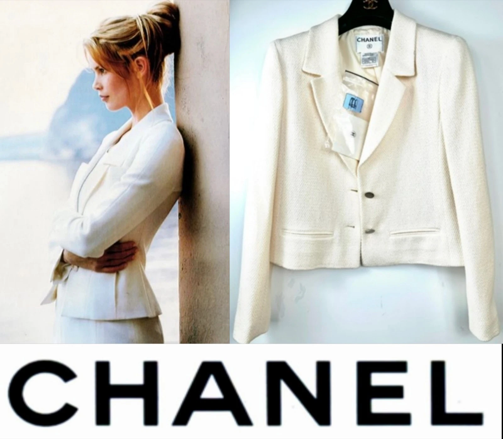 Giacca Chanel Vintage 2000 Bianco Scintillante Tweed 34 36 38 2 4 6 Cappotto Logo anni 90 S M