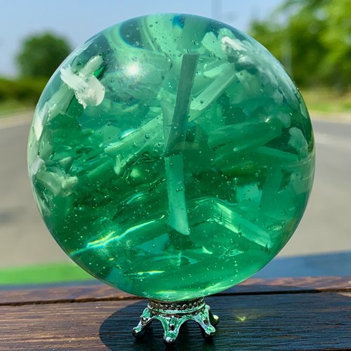 240G Transparent green crystal ball with feather crystal mineral sphere - Picture 16 of 23