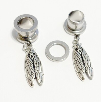 Cicada Close Wings SCREW ON CHARM TUNNELS For STRETCHED EARS.2g, 0g TO 1''