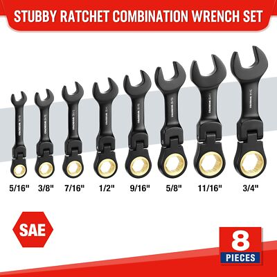 #ad WORKPRO 8 Piece Stubby Anti slip Ratcheting Combination Wrench Set SAE 72 Teeth $41.99