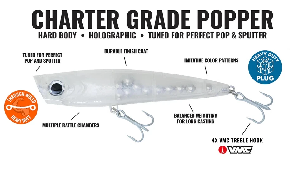 Bajo Hogy Lures Charter Grade Popper 7" 3,5 oz translúcido a rayas blancas | Atún Foto 3 de 3