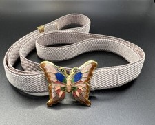 Vintage 70s Enamel Butterfly Belt Stretch Metal Buckle Art To Wear Thin Tan Tiny