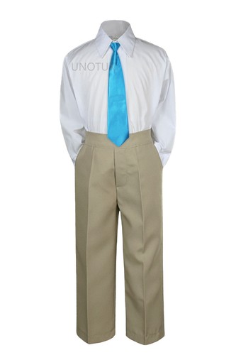 Baby Toddler Kid Boys Wedding Formal 3pc Set Shirt Khaki Pants Necktie Suit - Picture 22 of 26